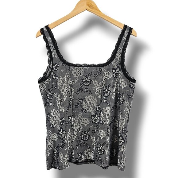 WHBM Tank Top XL Black Lace Silver Gray Floral Dressy Holiday Whimsigoth Grunge - Picture 2 of 11